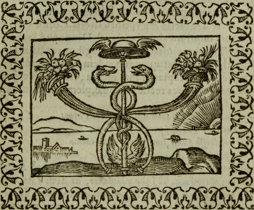 An illustration from Omnia Andreae Alciati v.c. emblemata : cum commentariis, quibus emblematum omnium aperta origine, mens authoris explicatur, & obscura omnia dubiaque illustrantur, 1583, leaf 414
