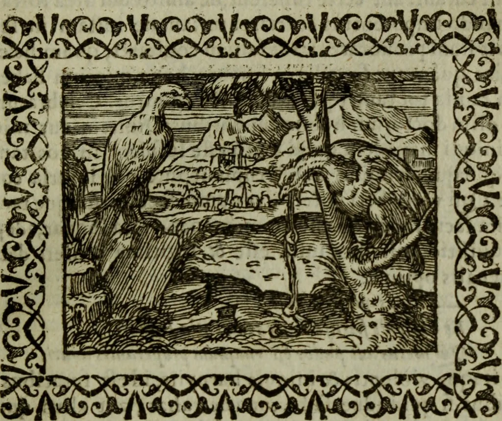 An illustration from Omnia Andreae Alciati v.c. emblemata : cum commentariis, quibus emblematum omnium aperta origine, mens authoris explicatur, & obscura omnia dubiaque illustrantur, 1583, leaf 448
