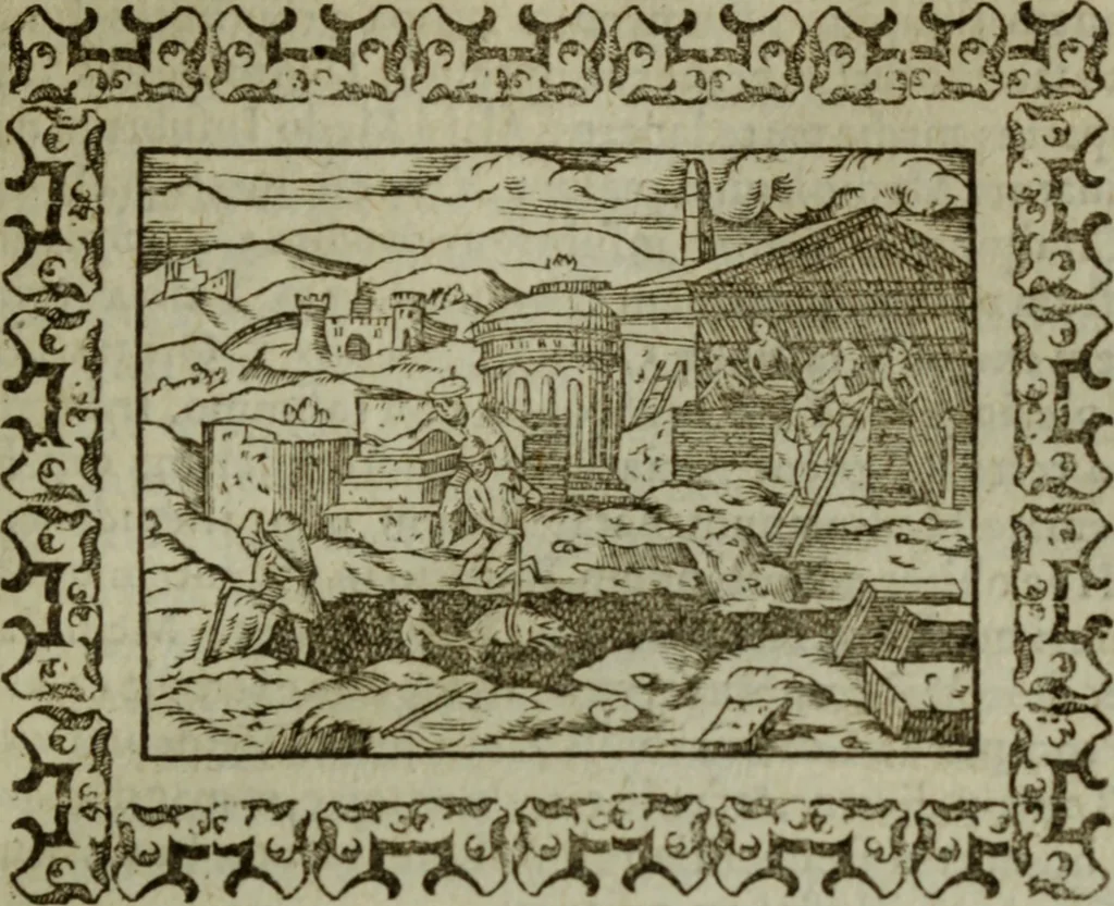 An illustration from Omnia Andreae Alciati v.c. emblemata : cum commentariis, quibus emblematum omnium aperta origine, mens authoris explicatur, & obscura omnia dubiaque illustrantur, 1583, leaf 46
