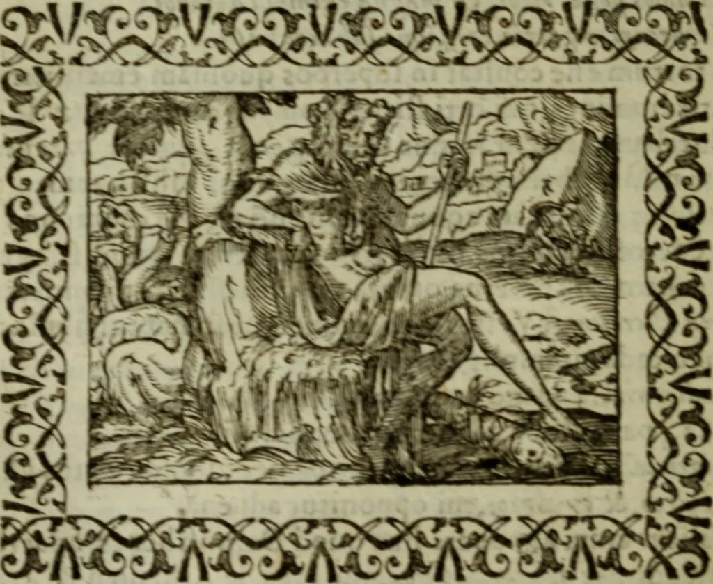 An illustration from Omnia Andreae Alciati v.c. emblemata : cum commentariis, quibus emblematum omnium aperta origine, mens authoris explicatur, & obscura omnia dubiaque illustrantur, 1583, leaf 475