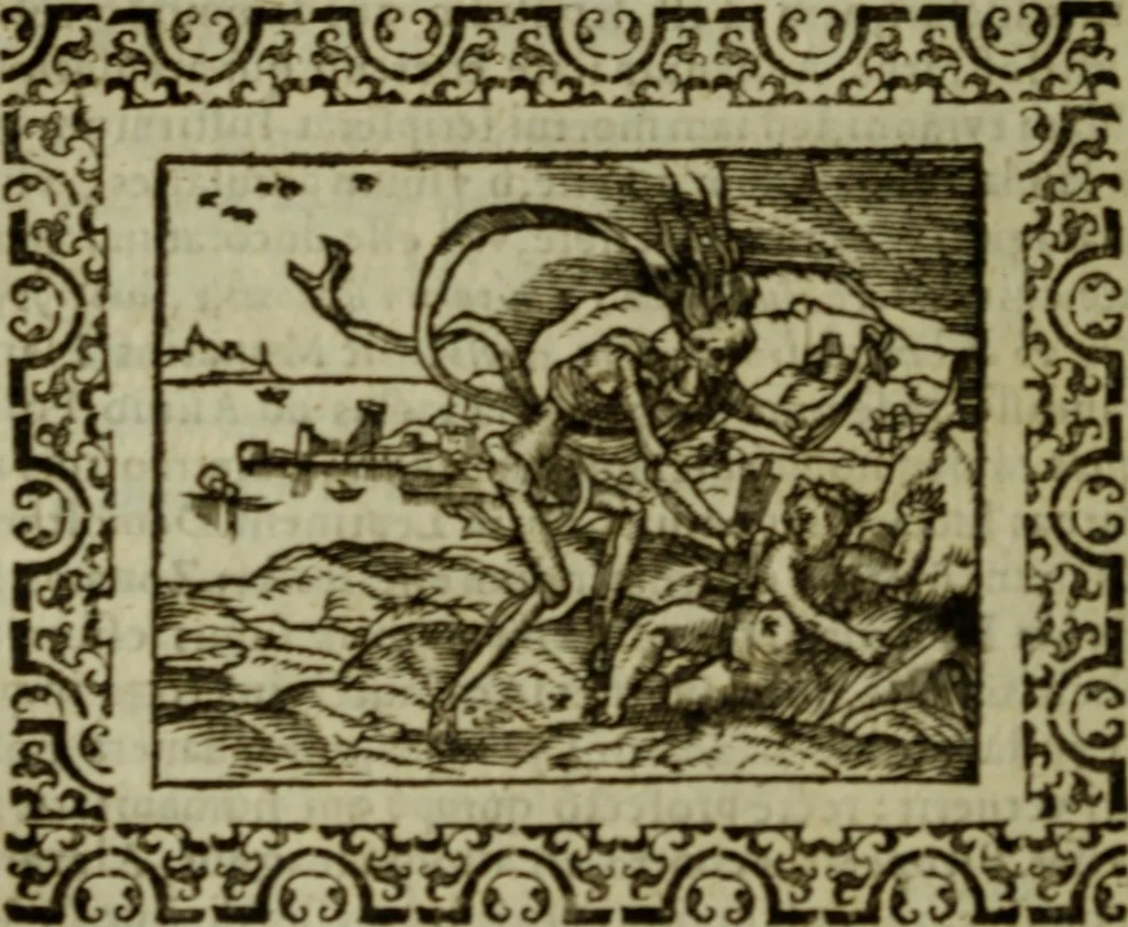 An illustration from Omnia Andreae Alciati v.c. emblemata : cum commentariis, quibus emblematum omnium aperta origine, mens authoris explicatur, & obscura omnia dubiaque illustrantur, 1583, leaf 523