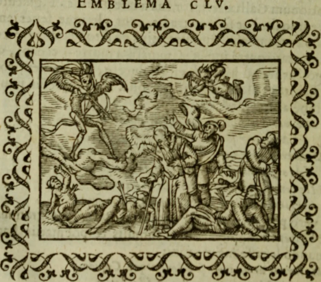 An illustration from Omnia Andreae Alciati v.c. emblemata : cum commentariis, quibus emblematum omnium aperta origine, mens authoris explicatur, & obscura omnia dubiaque illustrantur, 1583, leaf 525