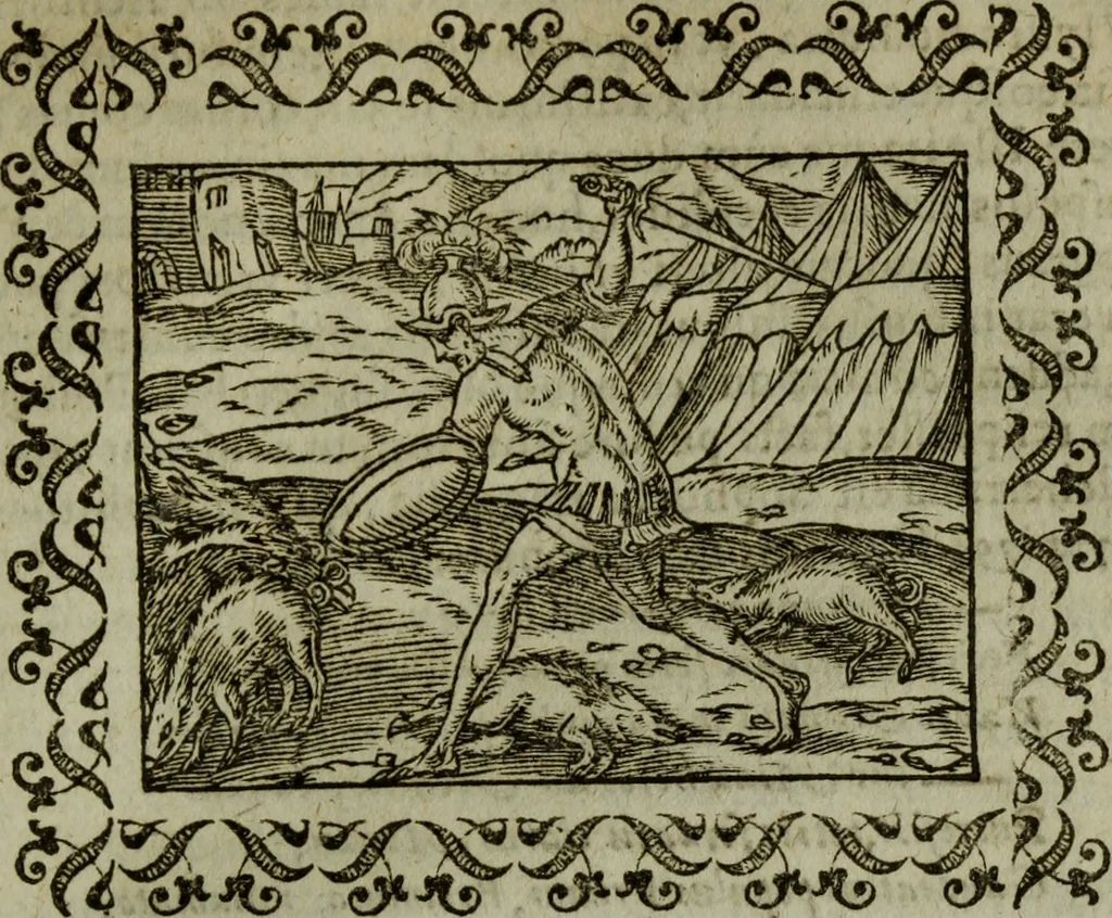 An illustration from Omnia Andreae Alciati v.c. emblemata : cum commentariis, quibus emblematum omnium aperta origine, mens authoris explicatur, & obscura omnia dubiaque illustrantur, 1583, leaf 574