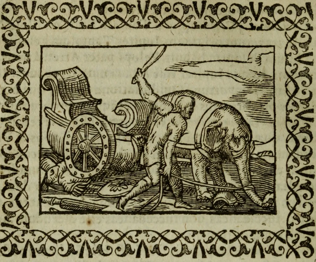 An illustration from Omnia Andreae Alciati v.c. emblemata : cum commentariis, quibus emblematum omnium aperta origine, mens authoris explicatur, & obscura omnia dubiaque illustrantur, 1583, leaf 577