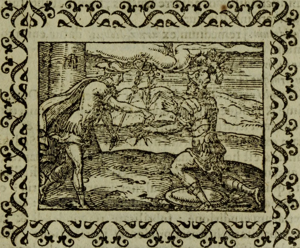 An illustration from Omnia Andreae Alciati v.c. emblemata : cum commentariis, quibus emblematum omnium aperta origine, mens authoris explicatur, & obscura omnia dubiaque illustrantur, 1583, leaf 598