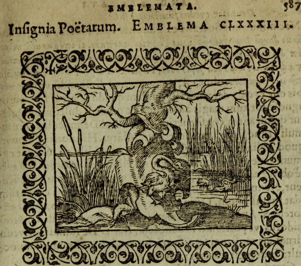 An illustration from Omnia Andreae Alciati v.c. emblemata : cum commentariis, quibus emblematum omnium aperta origine, mens authoris explicatur, & obscura omnia dubiaque illustrantur, 1583, leaf 606