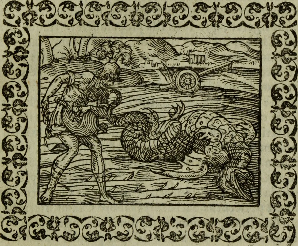 An illustration from Omnia Andreae Alciati v.c. emblemata : cum commentariis, quibus emblematum omnium aperta origine, mens authoris explicatur, & obscura omnia dubiaque illustrantur, 1583, leaf 612