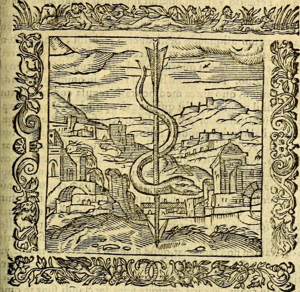 An illustration from Omnia Andreae Alciati v.c. emblemata, cum commentariis, quibus emblematum aperta origine mens auctoris explicatur, & obscura omnia, dubiáque illustrantur Adiectae ad calcem Notae posteriores, 1589, leaf 144