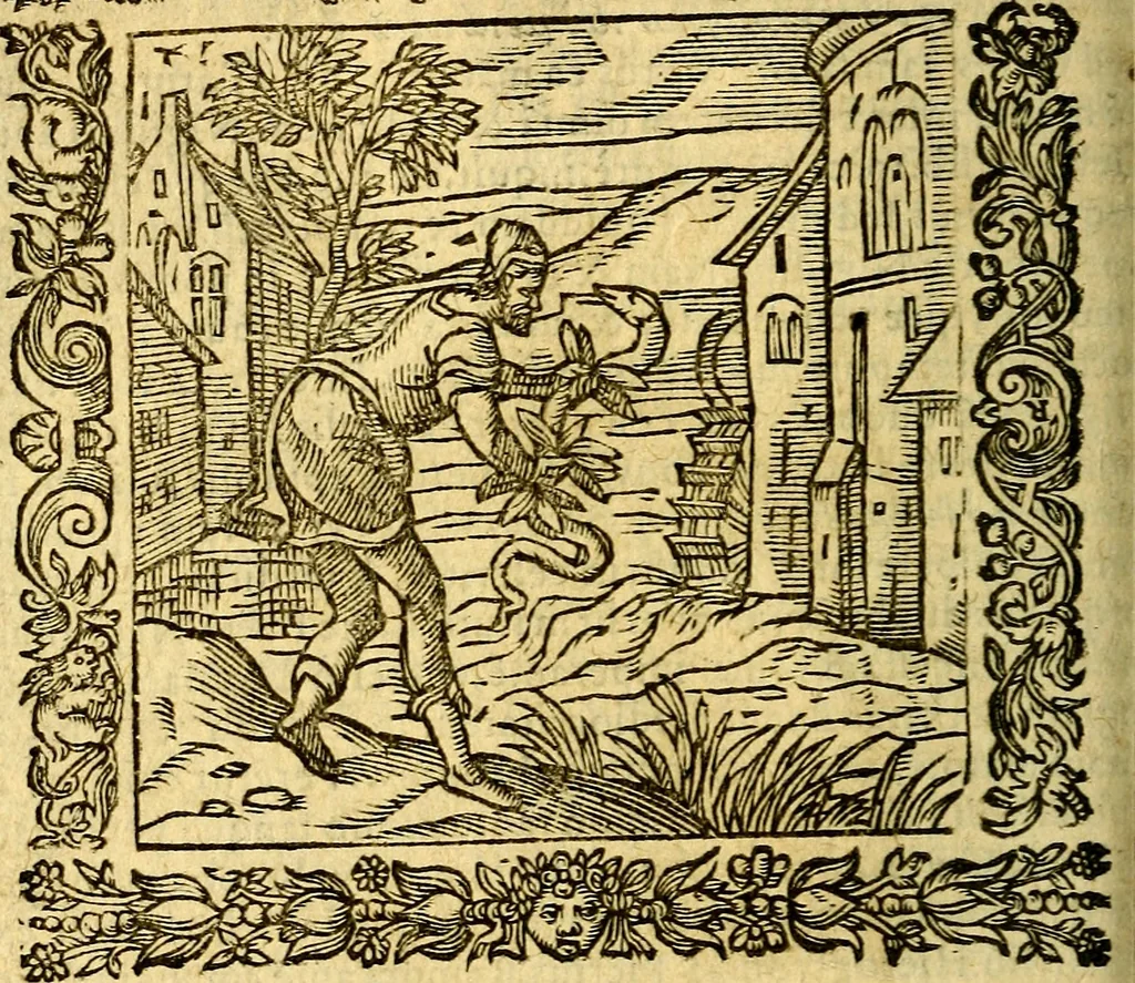 An illustration from Omnia Andreae Alciati v.c. emblemata, cum commentariis, quibus emblematum aperta origine mens auctoris explicatur, & obscura omnia, dubiáque illustrantur Adiectae ad calcem Notae posteriores, 1589, leaf 147