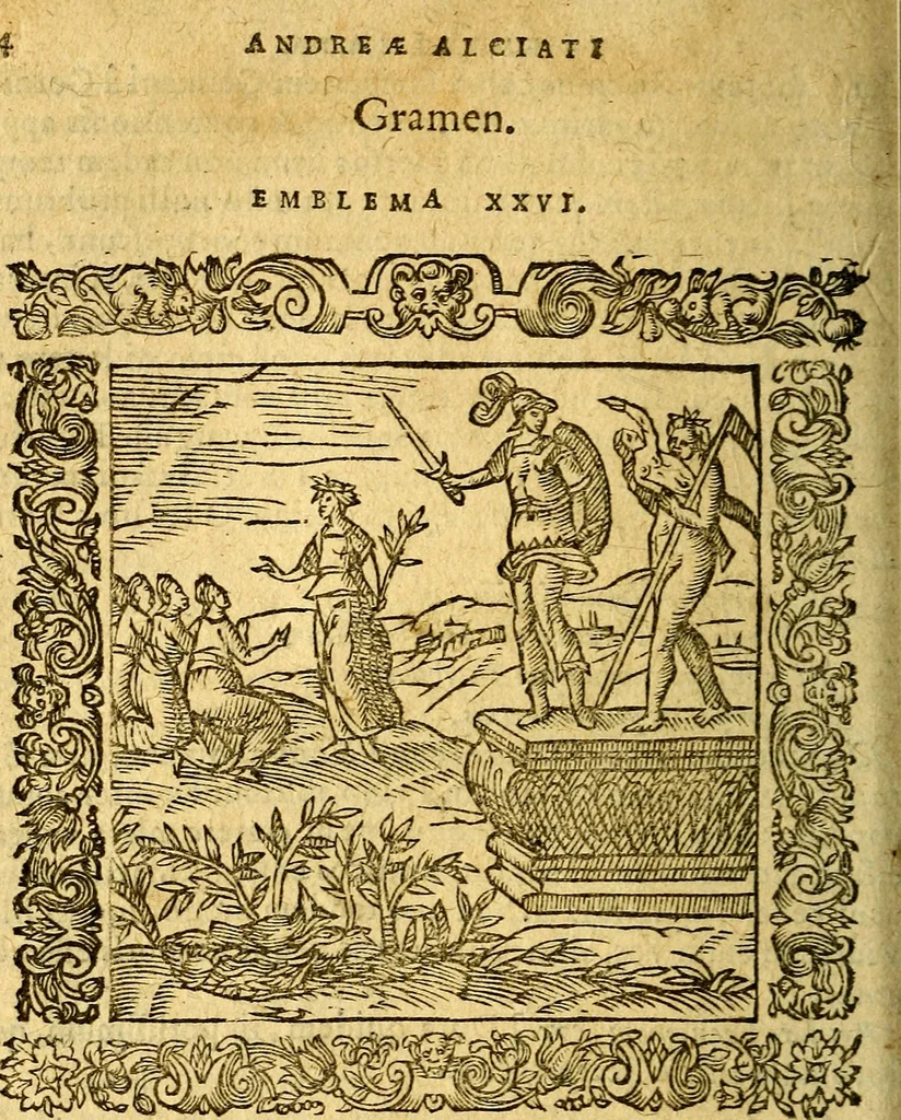 An illustration from Omnia Andreae Alciati v.c. emblemata, cum commentariis, quibus emblematum aperta origine mens auctoris explicatur, & obscura omnia, dubiáque illustrantur Adiectae ad calcem Notae posteriores, 1589, leaf 169