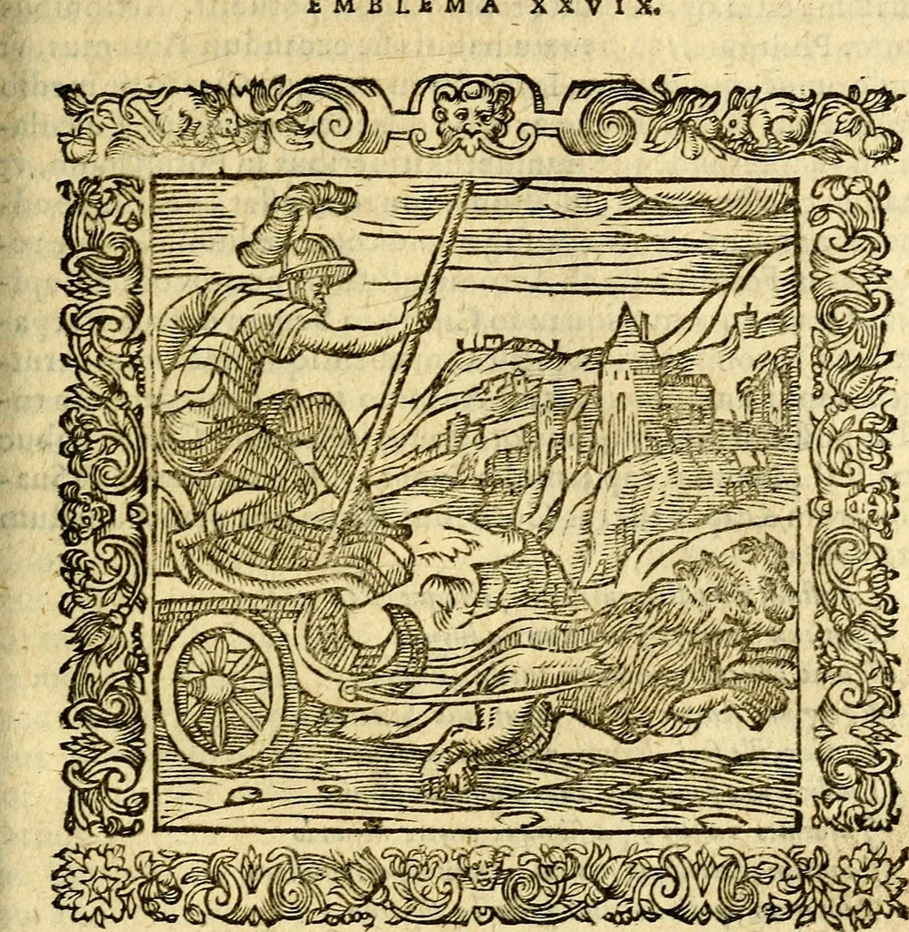 An illustration from Omnia Andreae Alciati v.c. emblemata, cum commentariis, quibus emblematum aperta origine mens auctoris explicatur, & obscura omnia, dubiáque illustrantur Adiectae ad calcem Notae posteriores, 1589, leaf 182