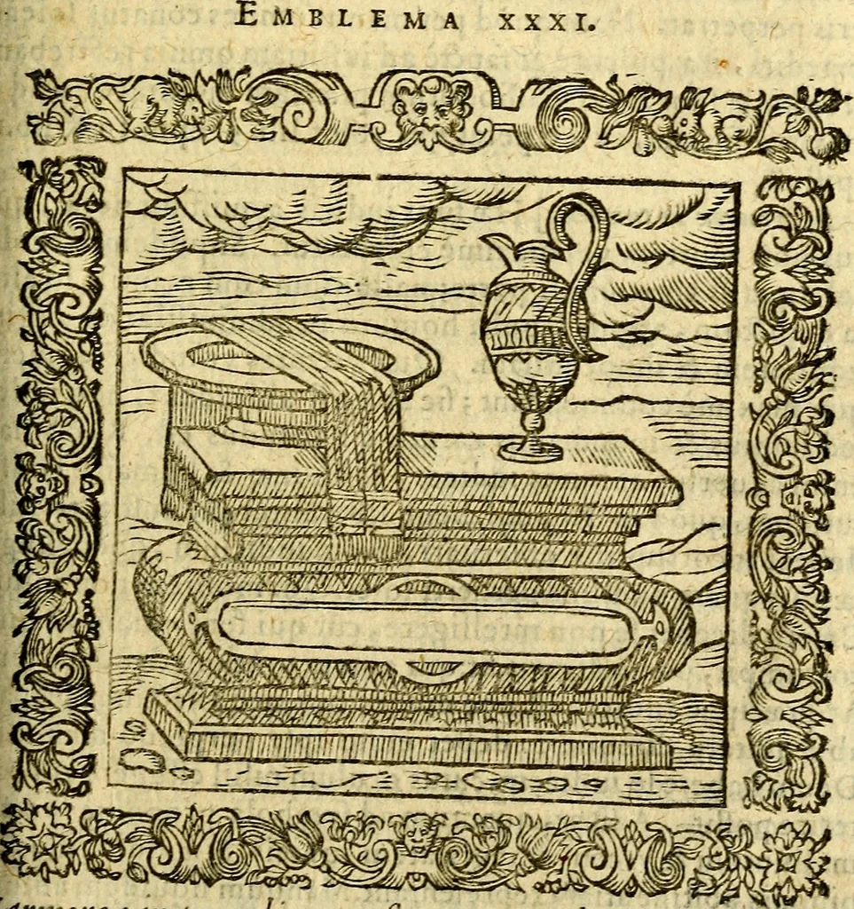 An illustration from Omnia Andreae Alciati v.c. emblemata, cum commentariis, quibus emblematum aperta origine mens auctoris explicatur, & obscura omnia, dubiáque illustrantur Adiectae ad calcem Notae posteriores, 1589, leaf 190