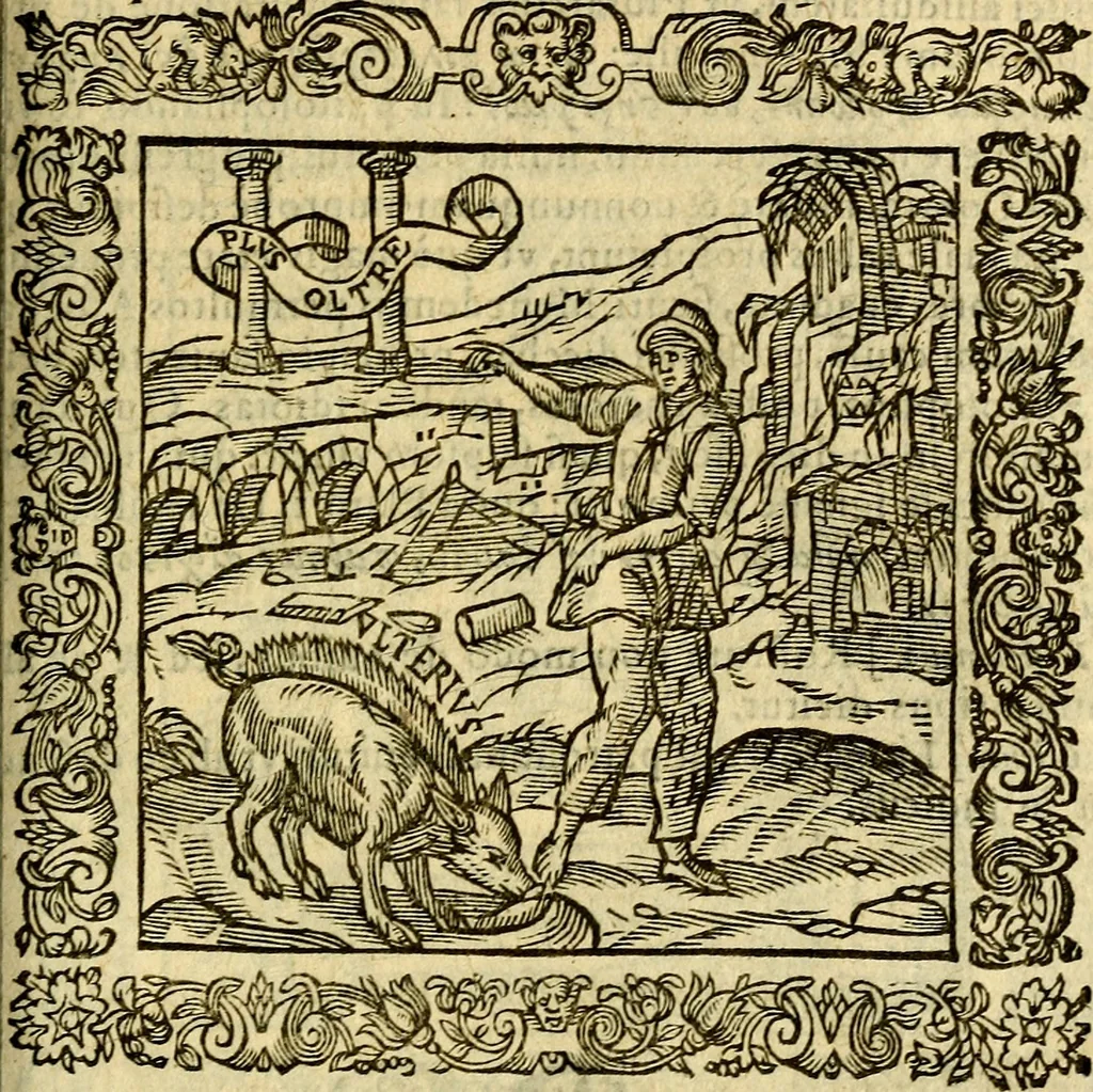 An illustration from Omnia Andreae Alciati v.c. emblemata, cum commentariis, quibus emblematum aperta origine mens auctoris explicatur, & obscura omnia, dubiáque illustrantur Adiectae ad calcem Notae posteriores, 1589, leaf 240