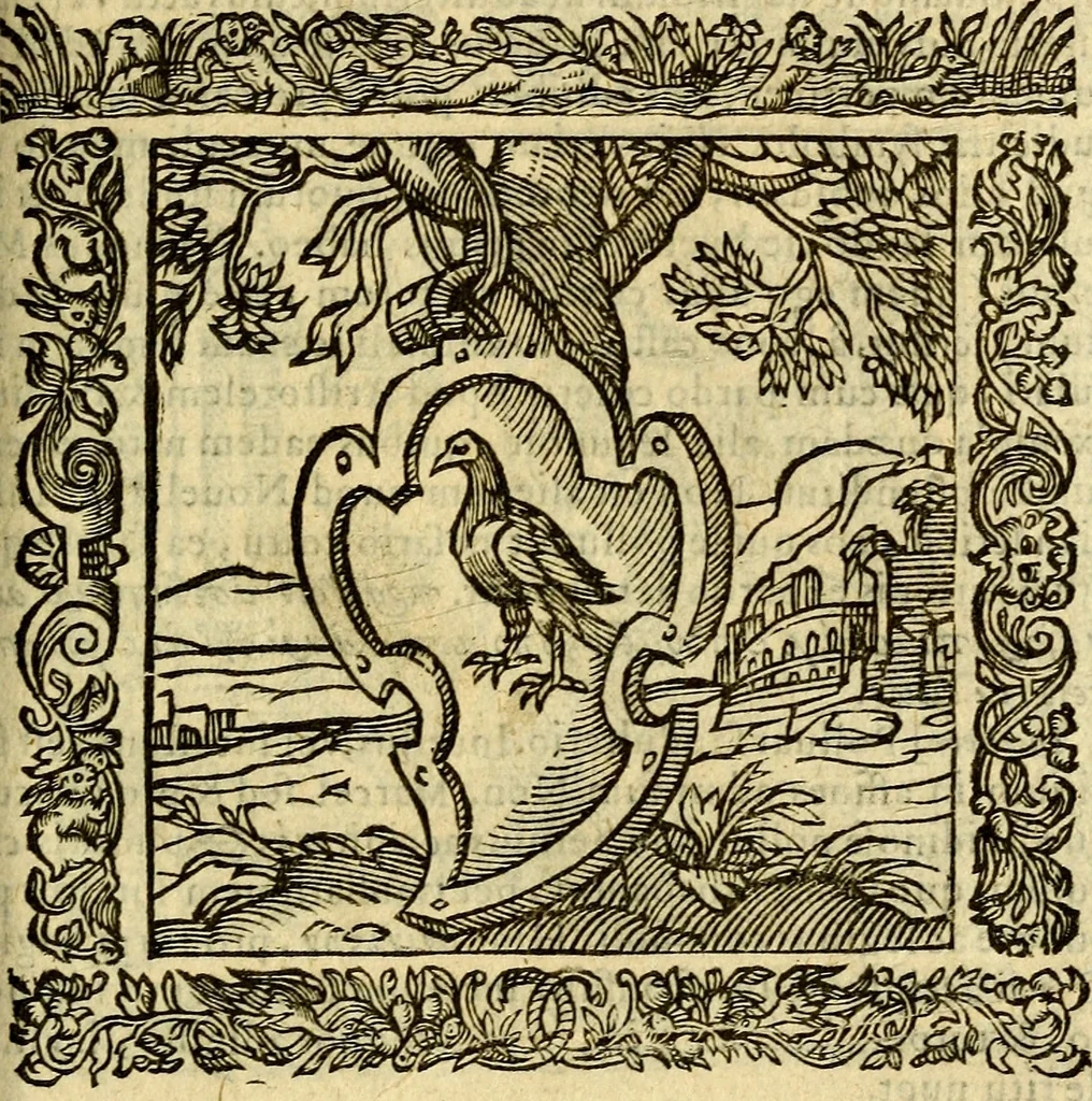 An illustration from Omnia Andreae Alciati v.c. emblemata, cum commentariis, quibus emblematum aperta origine mens auctoris explicatur, & obscura omnia, dubiáque illustrantur Adiectae ad calcem Notae posteriores, 1589, leaf 244