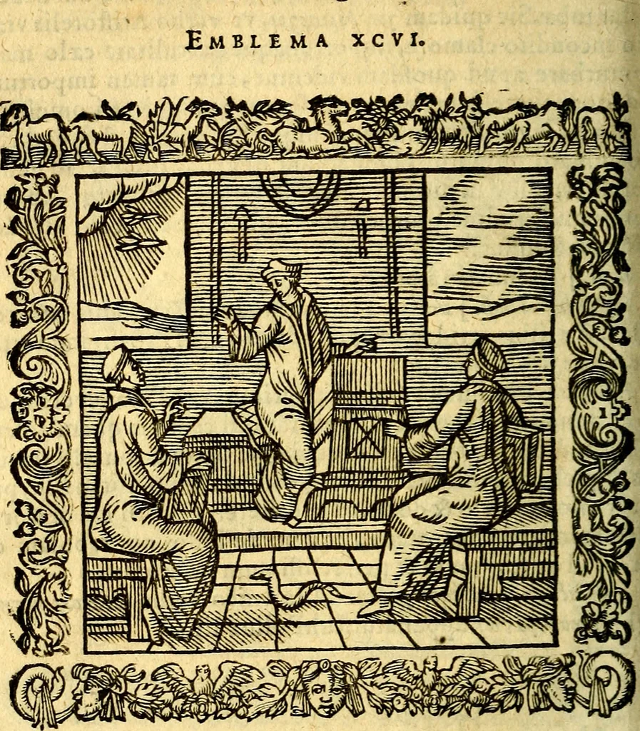 An illustration from Omnia Andreae Alciati v.c. emblemata, cum commentariis, quibus emblematum aperta origine mens auctoris explicatur, & obscura omnia, dubiáque illustrantur Adiectae ad calcem Notae posteriores, 1589, leaf 373