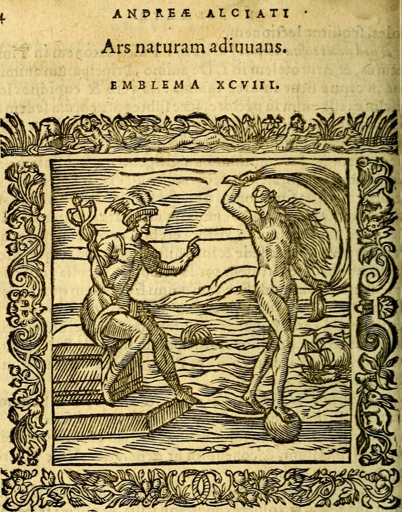 An illustration from Omnia Andreae Alciati v.c. emblemata, cum commentariis, quibus emblematum aperta origine mens auctoris explicatur, & obscura omnia, dubiáque illustrantur Adiectae ad calcem Notae posteriores, 1589, leaf 379