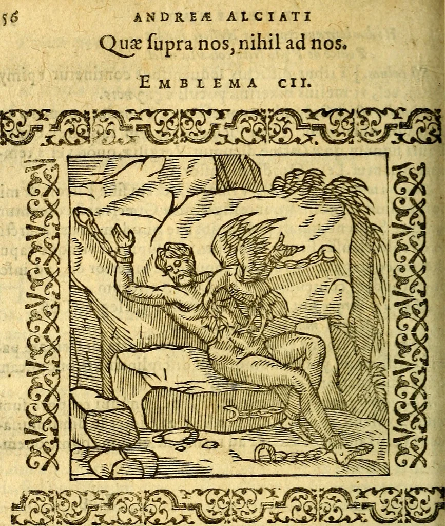 An illustration from Omnia Andreae Alciati v.c. emblemata, cum commentariis, quibus emblematum aperta origine mens auctoris explicatur, & obscura omnia, dubiáque illustrantur Adiectae ad calcem Notae posteriores, 1589, leaf 391