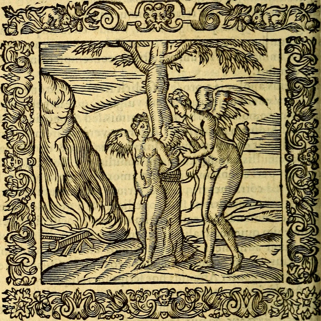 An illustration from Omnia Andreae Alciati v.c. emblemata, cum commentariis, quibus emblematum aperta origine mens auctoris explicatur, & obscura omnia, dubiáque illustrantur Adiectae ad calcem Notae posteriores, 1589, leaf 415