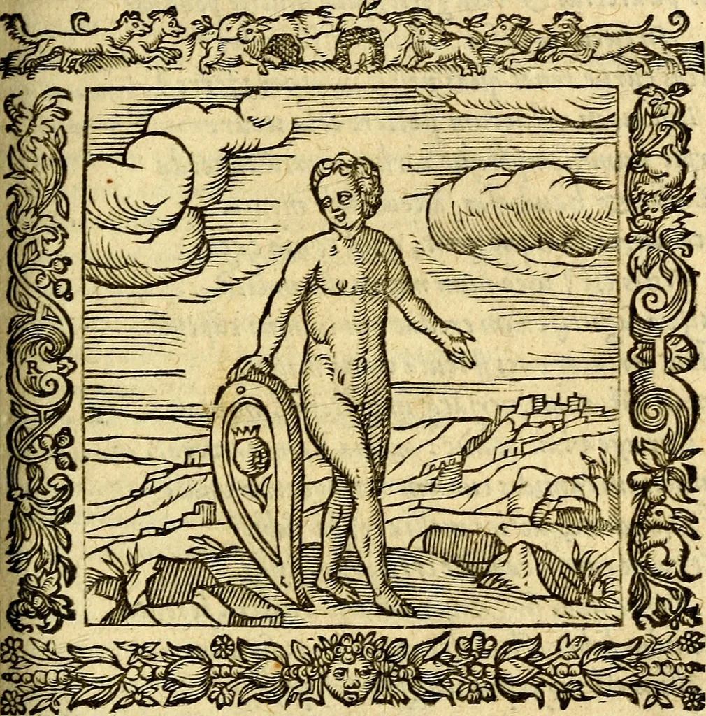 An illustration from Omnia Andreae Alciati v.c. emblemata, cum commentariis, quibus emblematum aperta origine mens auctoris explicatur, & obscura omnia, dubiáque illustrantur Adiectae ad calcem Notae posteriores, 1589, leaf 426