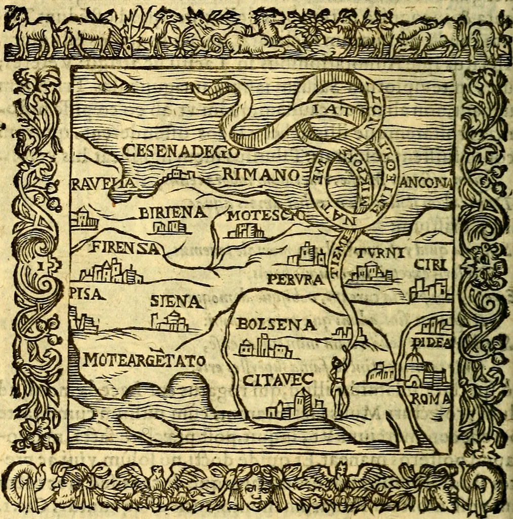 An illustration from Omnia Andreae Alciati v.c. emblemata, cum commentariis, quibus emblematum aperta origine mens auctoris explicatur, & obscura omnia, dubiáque illustrantur Adiectae ad calcem Notae posteriores, 1589, leaf 507