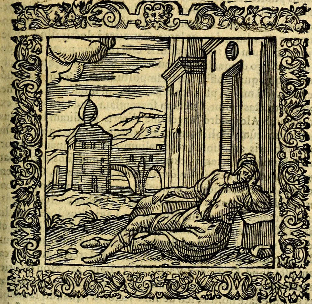 An illustration from Omnia Andreae Alciati v.c. emblemata, cum commentariis, quibus emblematum aperta origine mens auctoris explicatur, & obscura omnia, dubiáque illustrantur Adiectae ad calcem Notae posteriores, 1589, leaf 552