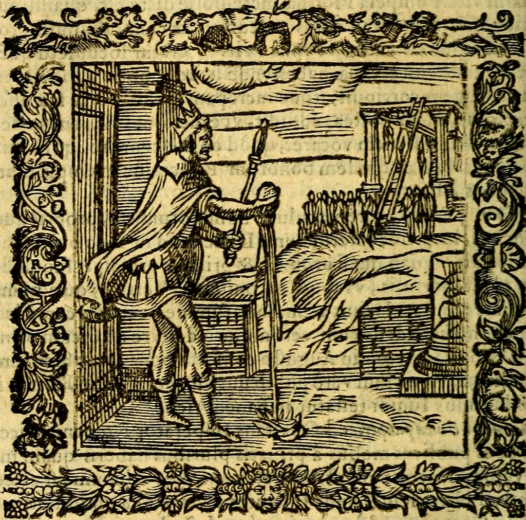 An illustration from Omnia Andreae Alciati v.c. emblemata, cum commentariis, quibus emblematum aperta origine mens auctoris explicatur, & obscura omnia, dubiáque illustrantur Adiectae ad calcem Notae posteriores, 1589, leaf 555