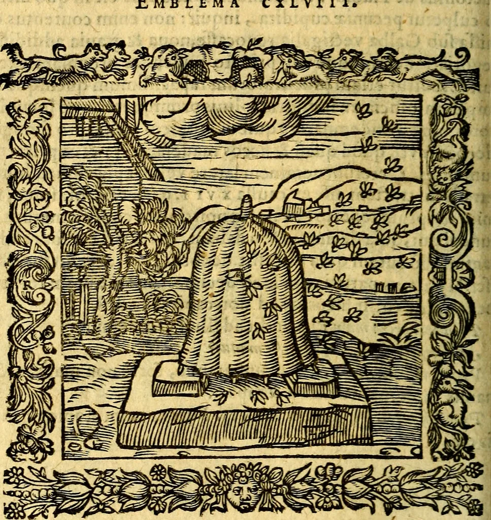 An illustration from Omnia Andreae Alciati v.c. emblemata, cum commentariis, quibus emblematum aperta origine mens auctoris explicatur, & obscura omnia, dubiáque illustrantur Adiectae ad calcem Notae posteriores, 1589, leaf 557