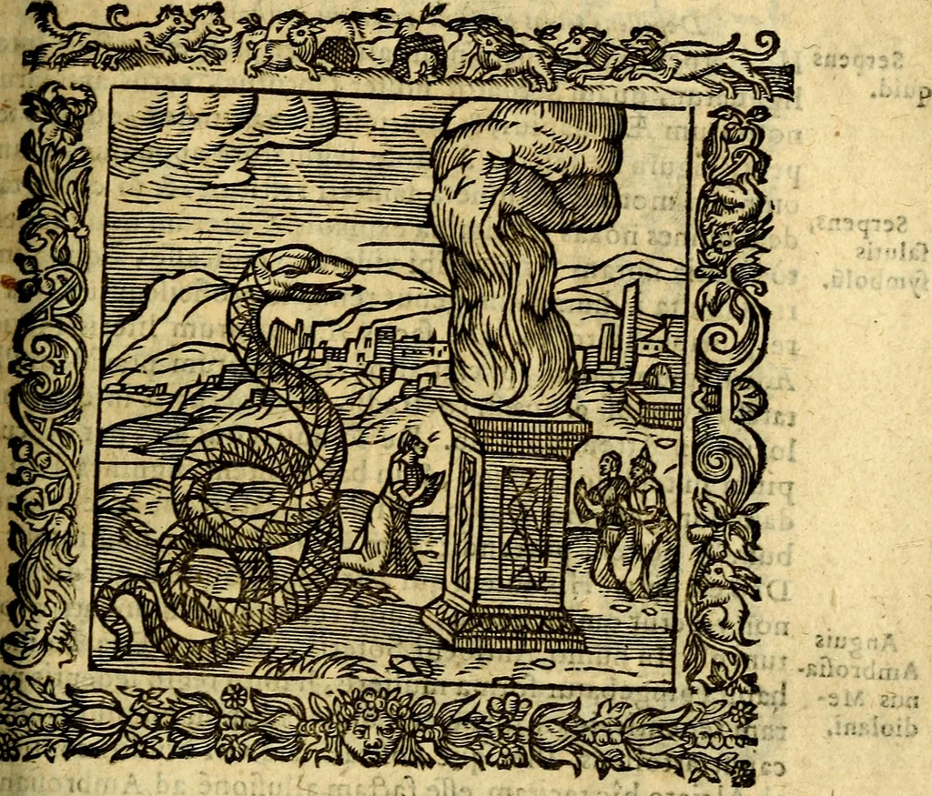 An illustration from Omnia Andreae Alciati v.c. emblemata, cum commentariis, quibus emblematum aperta origine mens auctoris explicatur, & obscura omnia, dubiáque illustrantur Adiectae ad calcem Notae posteriores, 1589, leaf 560