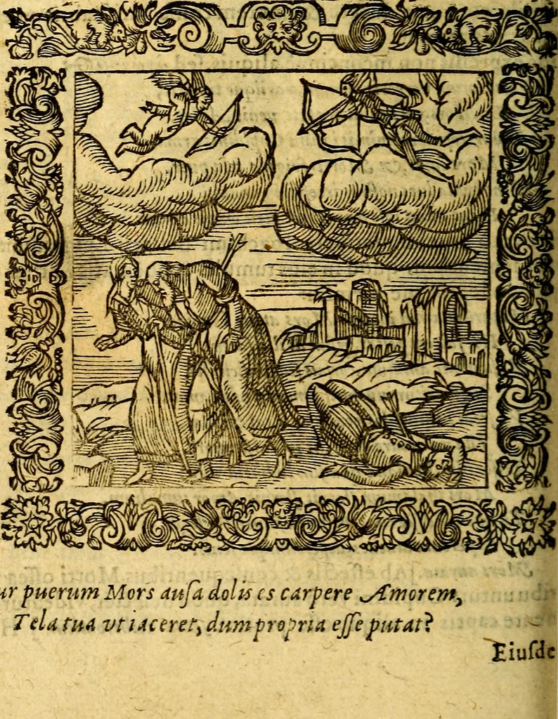 An illustration from Omnia Andreae Alciati v.c. emblemata, cum commentariis, quibus emblematum aperta origine mens auctoris explicatur, & obscura omnia, dubiáque illustrantur Adiectae ad calcem Notae posteriores, 1589, leaf 575
