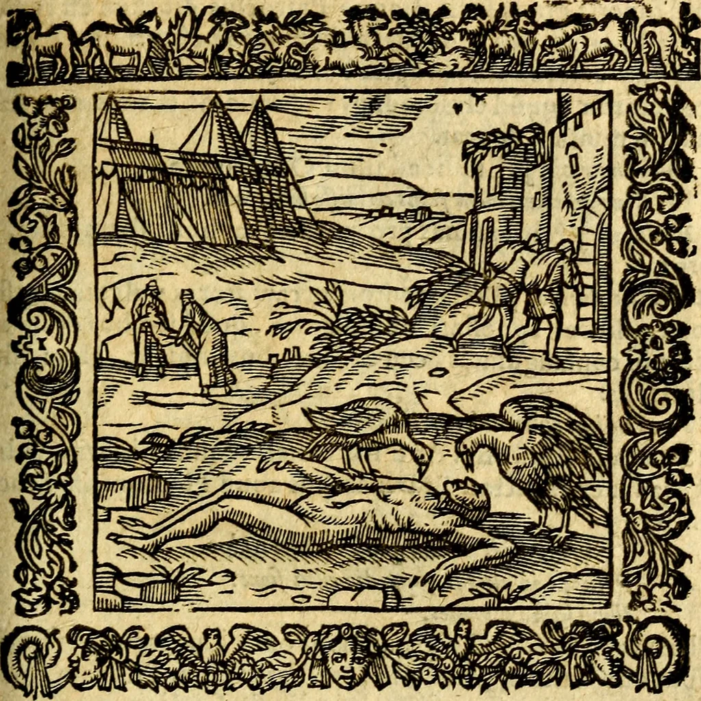 An illustration from Omnia Andreae Alciati v.c. emblemata, cum commentariis, quibus emblematum aperta origine mens auctoris explicatur, & obscura omnia, dubiáque illustrantur Adiectae ad calcem Notae posteriores, 1589, leaf 582