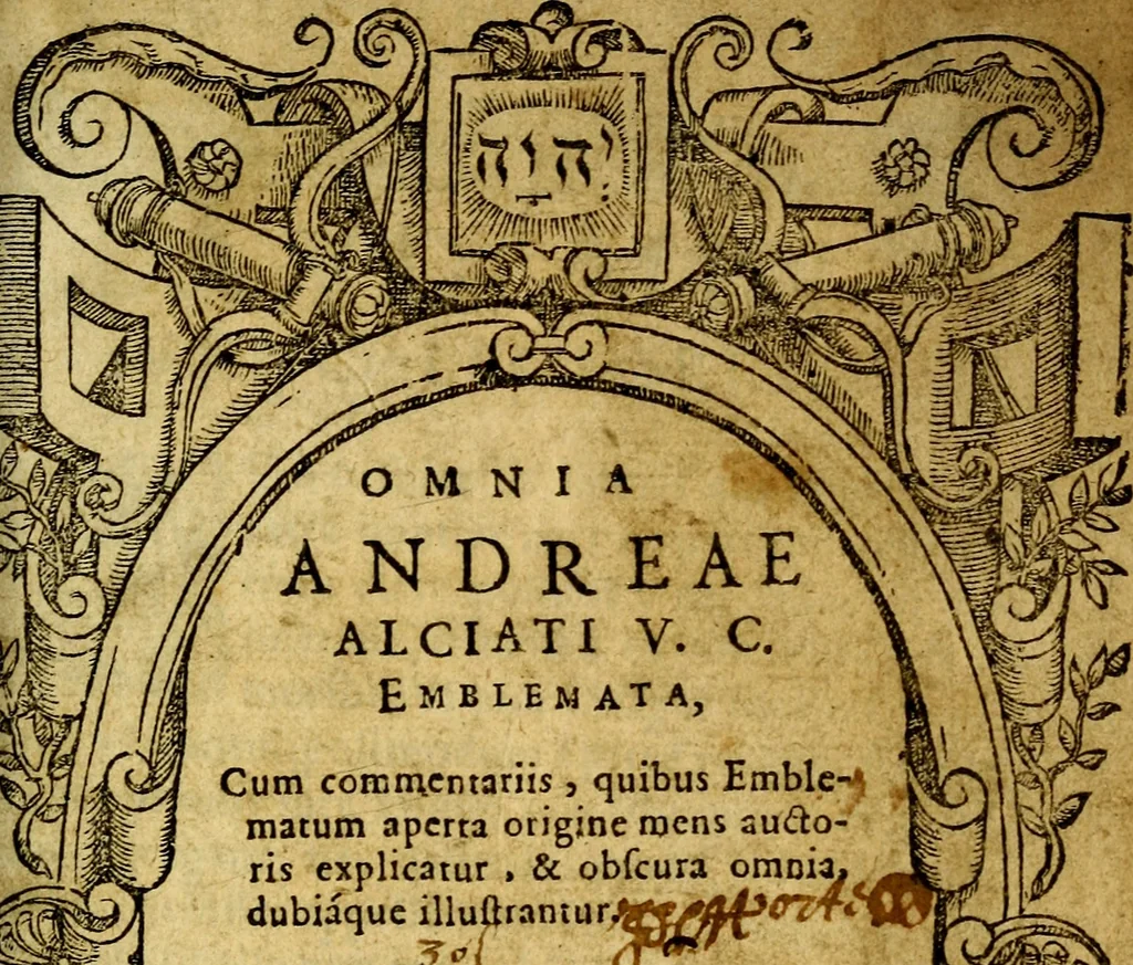 An illustration from Omnia Andreae Alciati v.c. emblemata, cum commentariis, quibus emblematum aperta origine mens auctoris explicatur, & obscura omnia, dubiáque illustrantur Adiectae ad calcem Notae posteriores, 1589, leaf 6