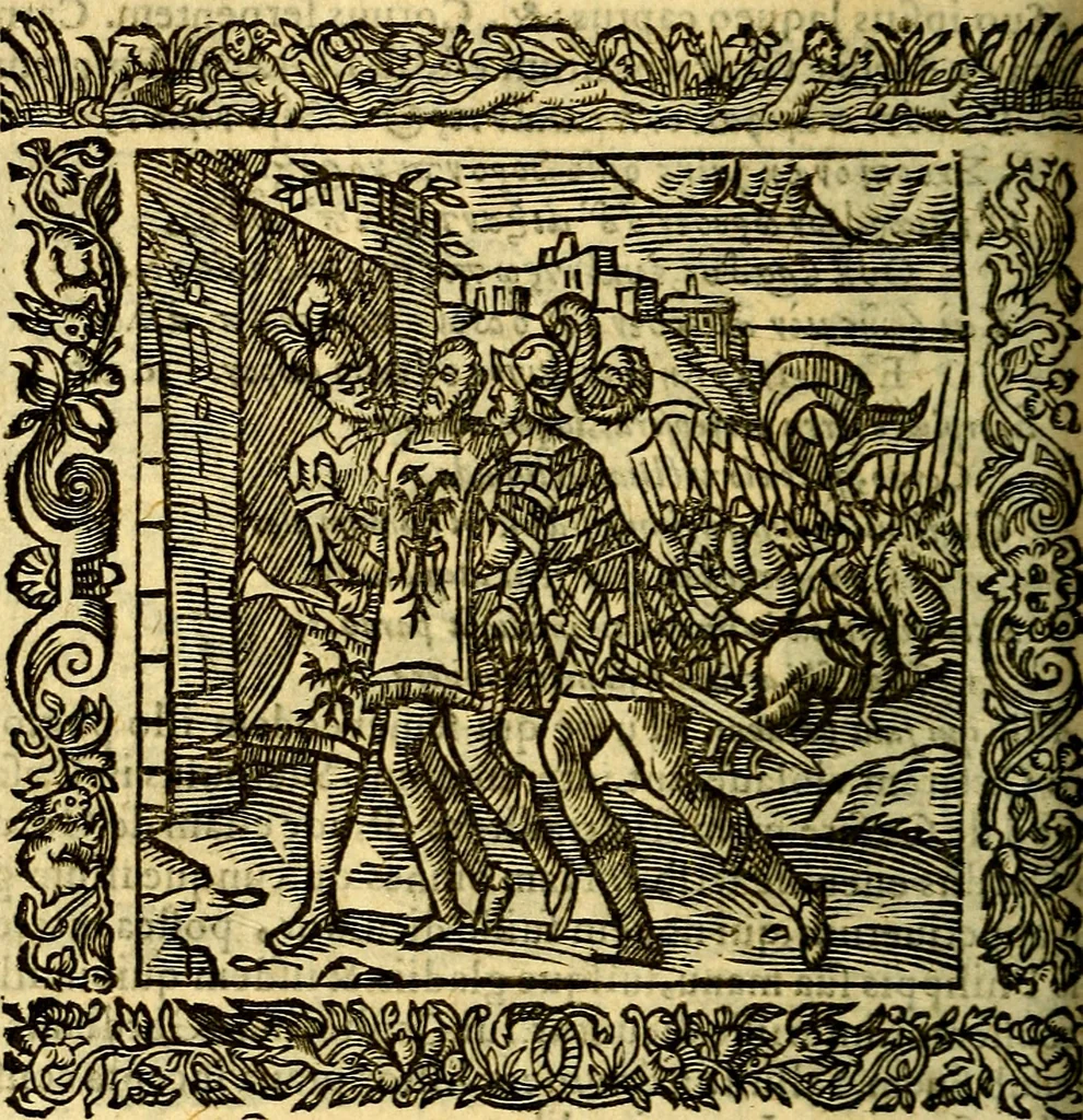 An illustration from Omnia Andreae Alciati v.c. emblemata, cum commentariis, quibus emblematum aperta origine mens auctoris explicatur, & obscura omnia, dubiáque illustrantur Adiectae ad calcem Notae posteriores, 1589, leaf 623
