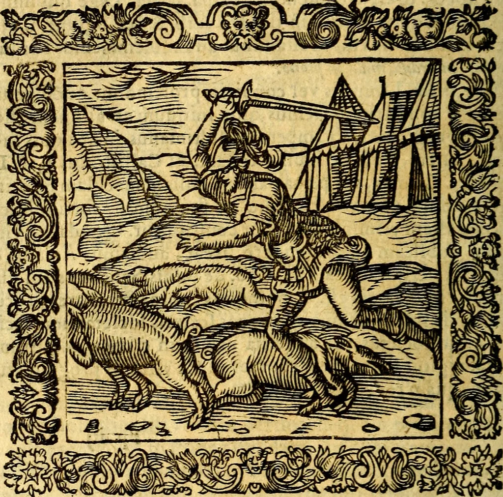 An illustration from Omnia Andreae Alciati v.c. emblemata, cum commentariis, quibus emblematum aperta origine mens auctoris explicatur, & obscura omnia, dubiáque illustrantur Adiectae ad calcem Notae posteriores, 1589, leaf 629