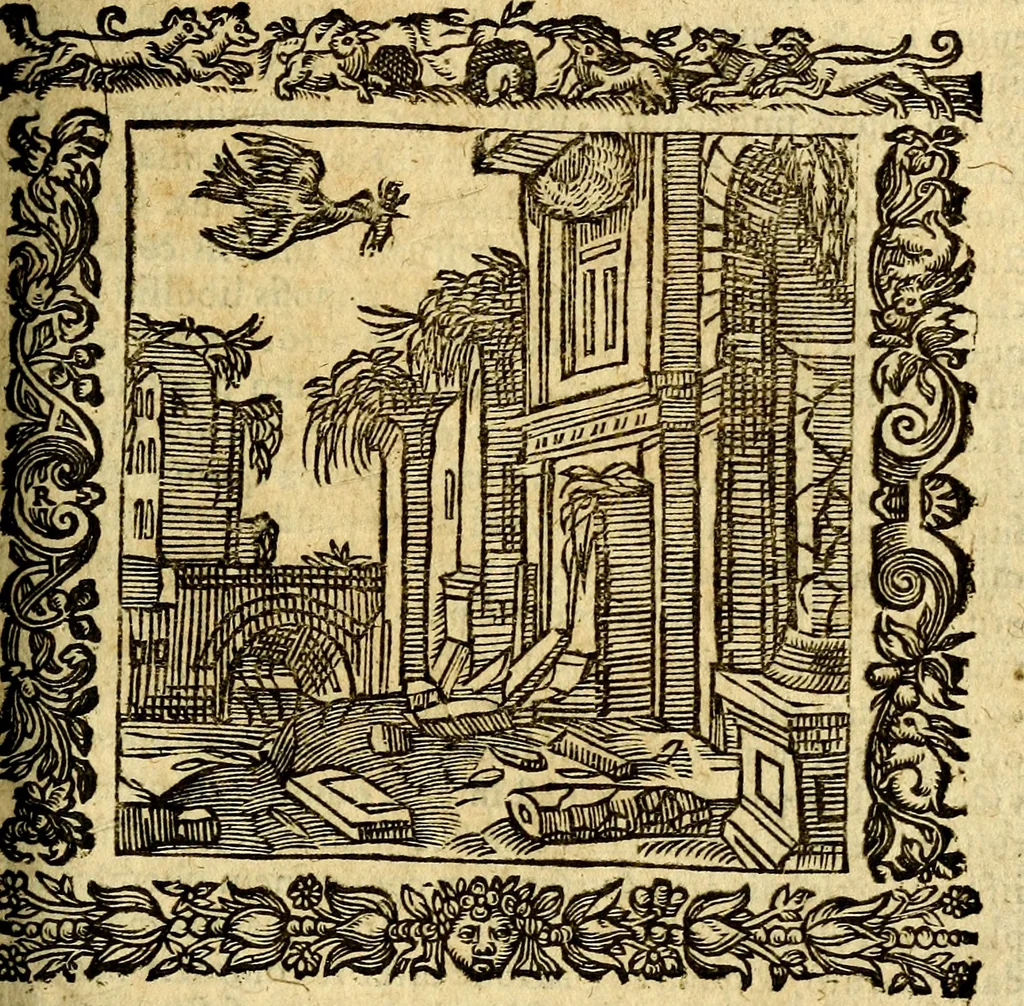 An illustration from Omnia Andreae Alciati v.c. emblemata, cum commentariis, quibus emblematum aperta origine mens auctoris explicatur, & obscura omnia, dubiáque illustrantur Adiectae ad calcem Notae posteriores, 1589, leaf 644