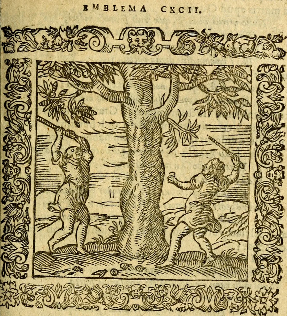 An illustration from Omnia Andreae Alciati v.c. emblemata, cum commentariis, quibus emblematum aperta origine mens auctoris explicatur, & obscura omnia, dubiáque illustrantur Adiectae ad calcem Notae posteriores, 1589, leaf 690