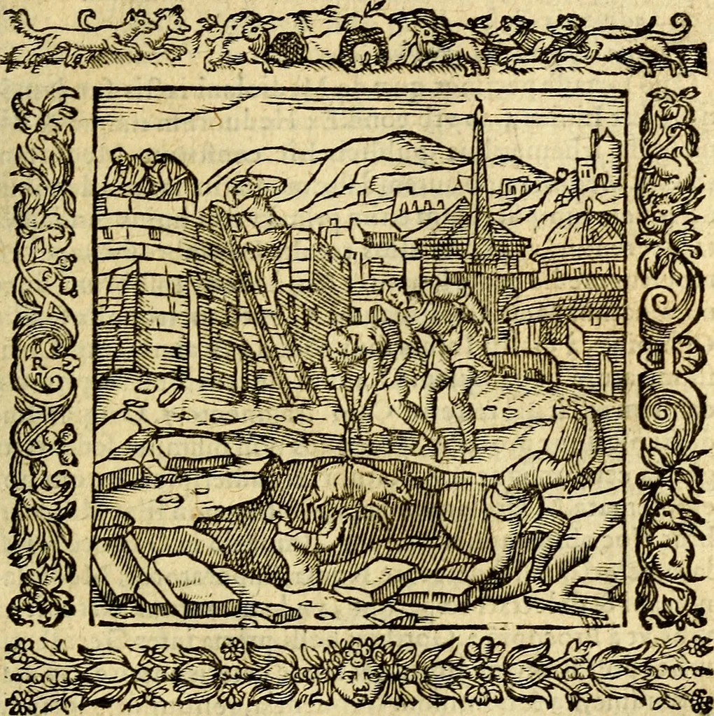 An illustration from Omnia Andreae Alciati v.c. emblemata, cum commentariis, quibus emblematum aperta origine mens auctoris explicatur, & obscura omnia, dubiáque illustrantur Adiectae ad calcem Notae posteriores, 1589, leaf 72