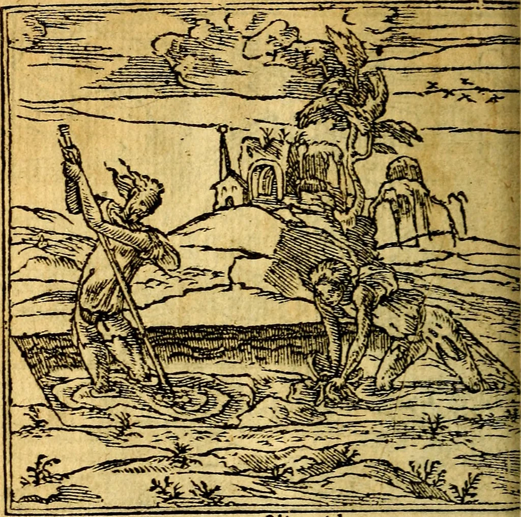 An illustration from Omnia D. And. Alciati emblemata : ad quae singula, praeter concinnas acutásque inscriptiones, lepidas & expressas imagines, ac caetera omnia, quae prioribus nostris editionibus cúm ad eorum distinctionem, tum ad ornatum & correctionem adhibita continebantur, : nunc primùm perelegantia persubtiliáq[ue] adiecta sunt epimuthia, quibus emblematum amplitudo quaecunq[ue] in iis dubia sunt aut obscura, tanquam perspicuis illustrantur, 1566, leaf 105