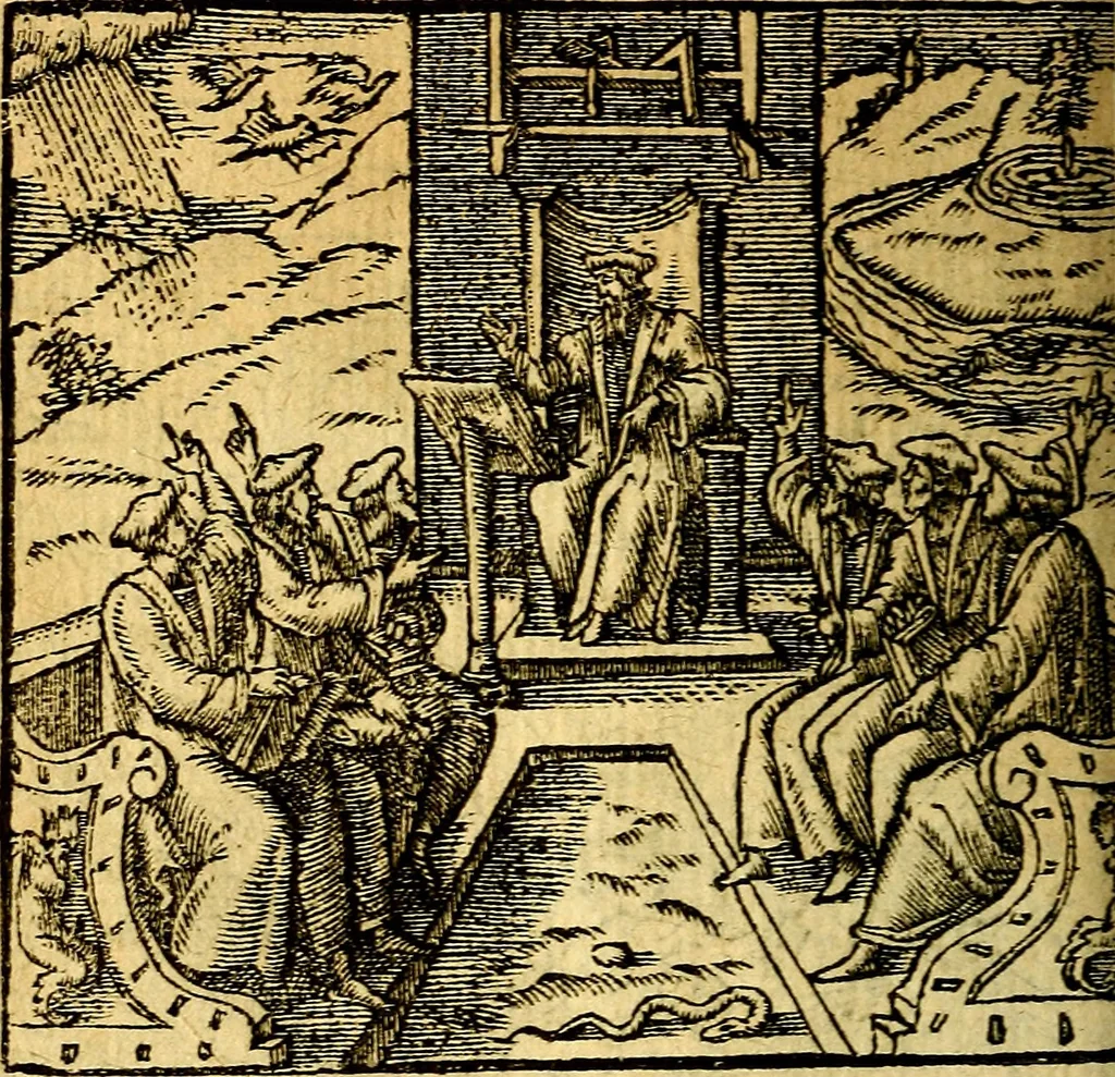 An illustration from Omnia D. And. Alciati emblemata : ad quae singula, praeter concinnas acutásque inscriptiones, lepidas & expressas imagines, ac caetera omnia, quae prioribus nostris editionibus cúm ad eorum distinctionem, tum ad ornatum & correctionem adhibita continebantur, : nunc primùm perelegantia persubtiliáq[ue] adiecta sunt epimuthia, quibus emblematum amplitudo quaecunq[ue] in iis dubia sunt aut obscura, tanquam perspicuis illustrantur, 1566, leaf 113