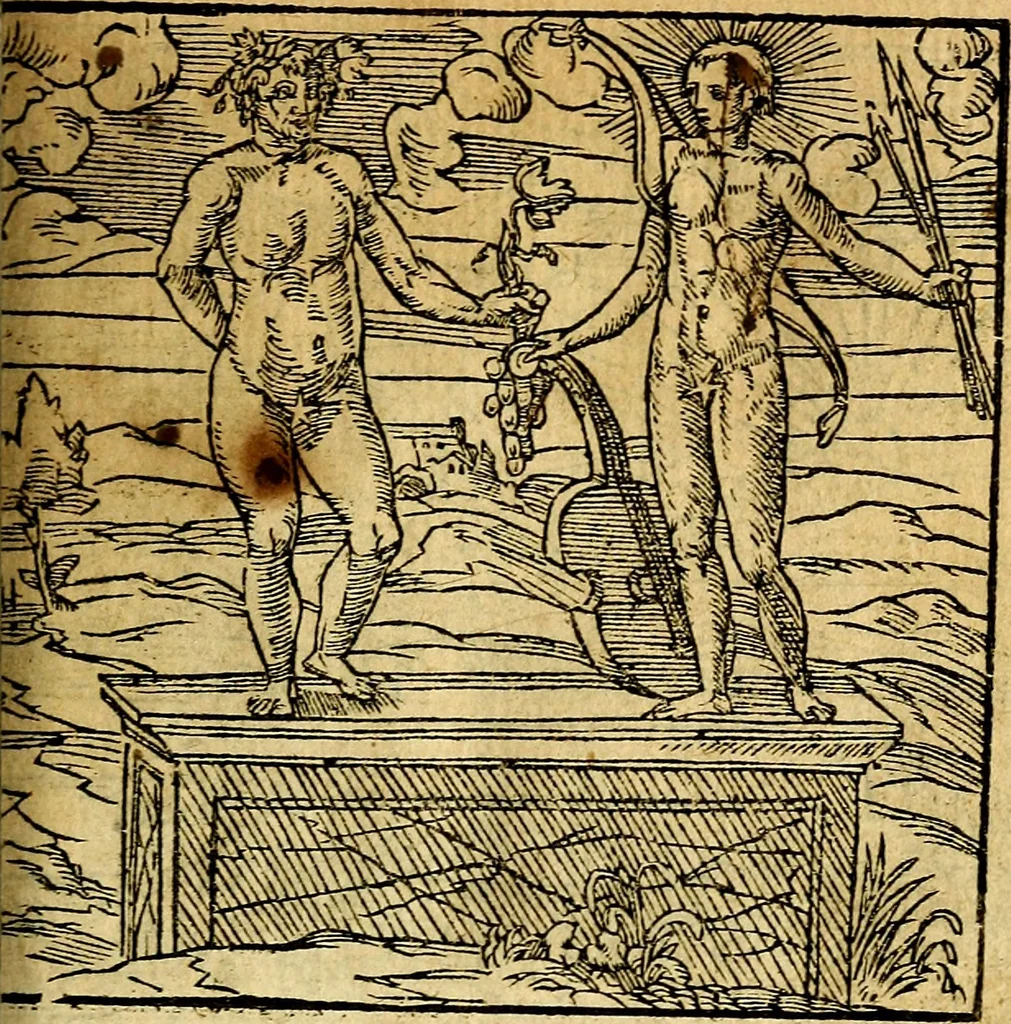 An illustration from Omnia D. And. Alciati emblemata : ad quae singula, praeter concinnas acutásque inscriptiones, lepidas & expressas imagines, ac caetera omnia, quae prioribus nostris editionibus cúm ad eorum distinctionem, tum ad ornatum & correctionem adhibita continebantur, : nunc primùm perelegantia persubtiliáq[ue] adiecta sunt epimuthia, quibus emblematum amplitudo quaecunq[ue] in iis dubia sunt aut obscura, tanquam perspicuis illustrantur, 1566, leaf 118