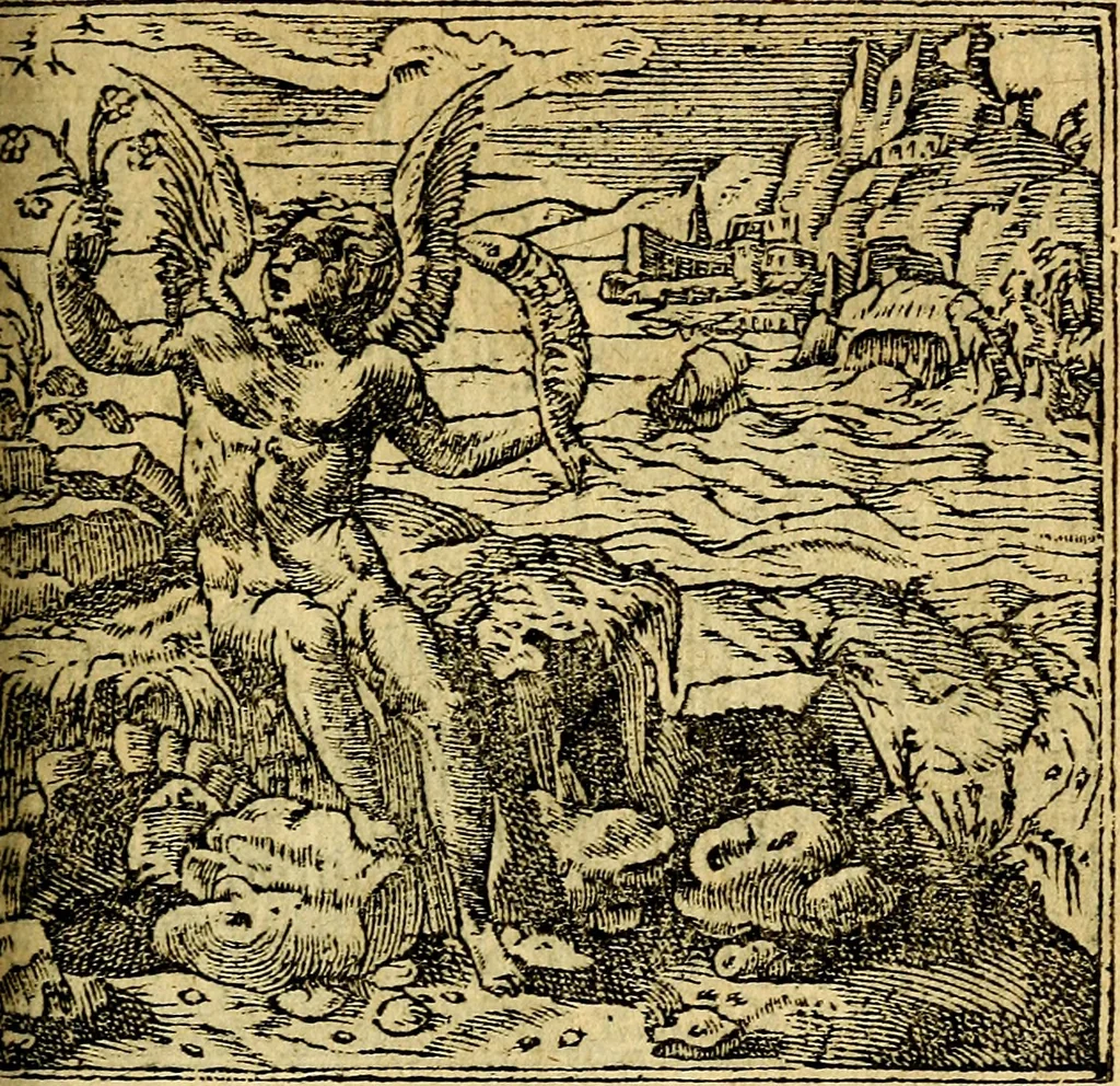 An illustration from Omnia D. And. Alciati emblemata : ad quae singula, praeter concinnas acutásque inscriptiones, lepidas & expressas imagines, ac caetera omnia, quae prioribus nostris editionibus cúm ad eorum distinctionem, tum ad ornatum & correctionem adhibita continebantur, : nunc primùm perelegantia persubtiliáq[ue] adiecta sunt epimuthia, quibus emblematum amplitudo quaecunq[ue] in iis dubia sunt aut obscura, tanquam perspicuis illustrantur, 1566, leaf 126
