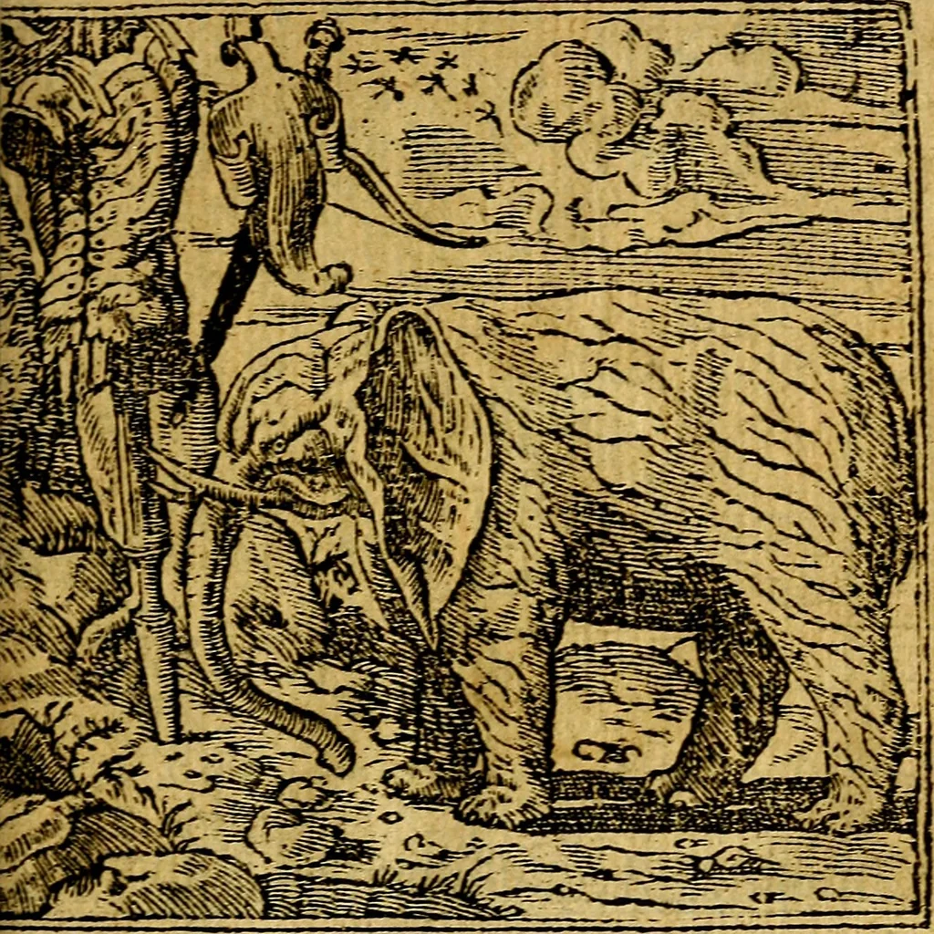 An illustration from Omnia D. And. Alciati emblemata : ad quae singula, praeter concinnas acutásque inscriptiones, lepidas & expressas imagines, ac caetera omnia, quae prioribus nostris editionibus cúm ad eorum distinctionem, tum ad ornatum & correctionem adhibita continebantur, : nunc primùm perelegantia persubtiliáq[ue] adiecta sunt epimuthia, quibus emblematum amplitudo quaecunq[ue] in iis dubia sunt aut obscura, tanquam perspicuis illustrantur, 1566, leaf 148