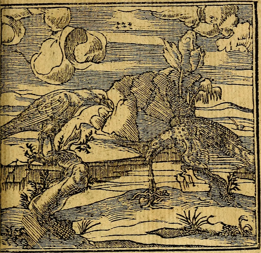 An illustration from Omnia D. And. Alciati emblemata : ad quae singula, praeter concinnas acutásque inscriptiones, lepidas & expressas imagines, ac caetera omnia, quae prioribus nostris editionibus cúm ad eorum distinctionem, tum ad ornatum & correctionem adhibita continebantur, : nunc primùm perelegantia persubtiliáq[ue] adiecta sunt epimuthia, quibus emblematum amplitudo quaecunq[ue] in iis dubia sunt aut obscura, tanquam perspicuis illustrantur, 1566, leaf 154