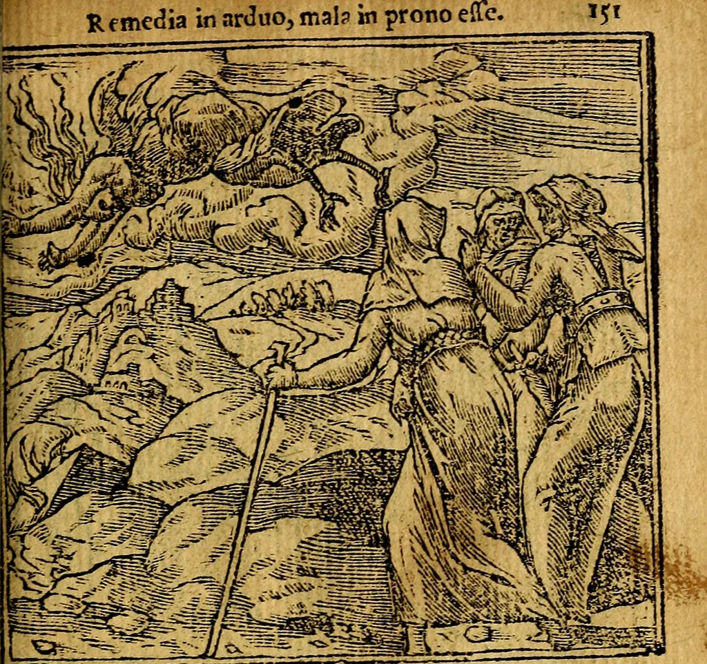 An illustration from Omnia D. And. Alciati emblemata : ad quae singula, praeter concinnas acutásque inscriptiones, lepidas & expressas imagines, ac caetera omnia, quae prioribus nostris editionibus cúm ad eorum distinctionem, tum ad ornatum & correctionem adhibita continebantur, : nunc primùm perelegantia persubtiliáq[ue] adiecta sunt epimuthia, quibus emblematum amplitudo quaecunq[ue] in iis dubia sunt aut obscura, tanquam perspicuis illustrantur, 1566, leaf 156