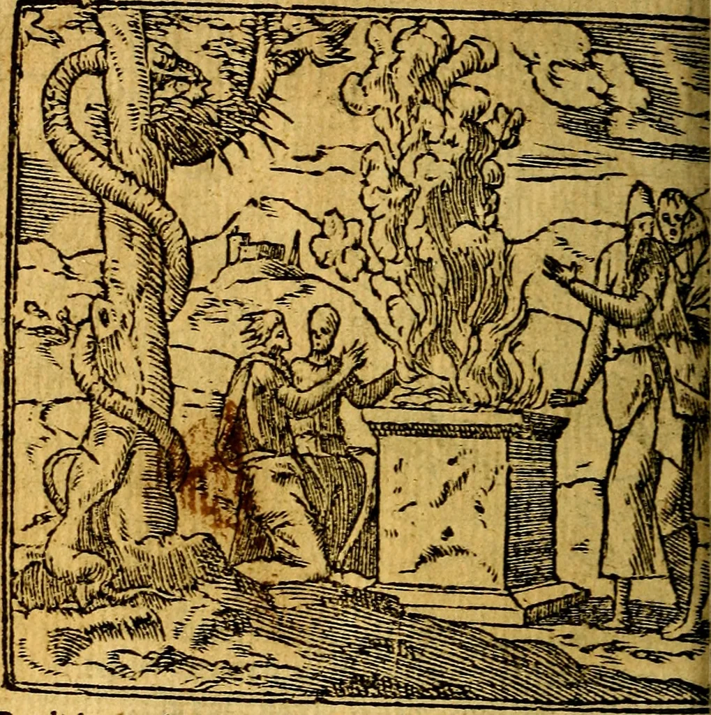 An illustration from Omnia D. And. Alciati emblemata : ad quae singula, praeter concinnas acutásque inscriptiones, lepidas & expressas imagines, ac caetera omnia, quae prioribus nostris editionibus cúm ad eorum distinctionem, tum ad ornatum & correctionem adhibita continebantur, : nunc primùm perelegantia persubtiliáq[ue] adiecta sunt epimuthia, quibus emblematum amplitudo quaecunq[ue] in iis dubia sunt aut obscura, tanquam perspicuis illustrantur, 1566, leaf 157