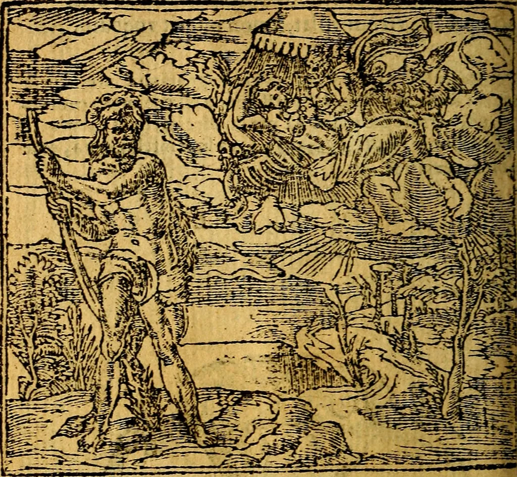 An illustration from Omnia D. And. Alciati emblemata : ad quae singula, praeter concinnas acutásque inscriptiones, lepidas & expressas imagines, ac caetera omnia, quae prioribus nostris editionibus cúm ad eorum distinctionem, tum ad ornatum & correctionem adhibita continebantur, : nunc primùm perelegantia persubtiliáq[ue] adiecta sunt epimuthia, quibus emblematum amplitudo quaecunq[ue] in iis dubia sunt aut obscura, tanquam perspicuis illustrantur, 1566, leaf 167