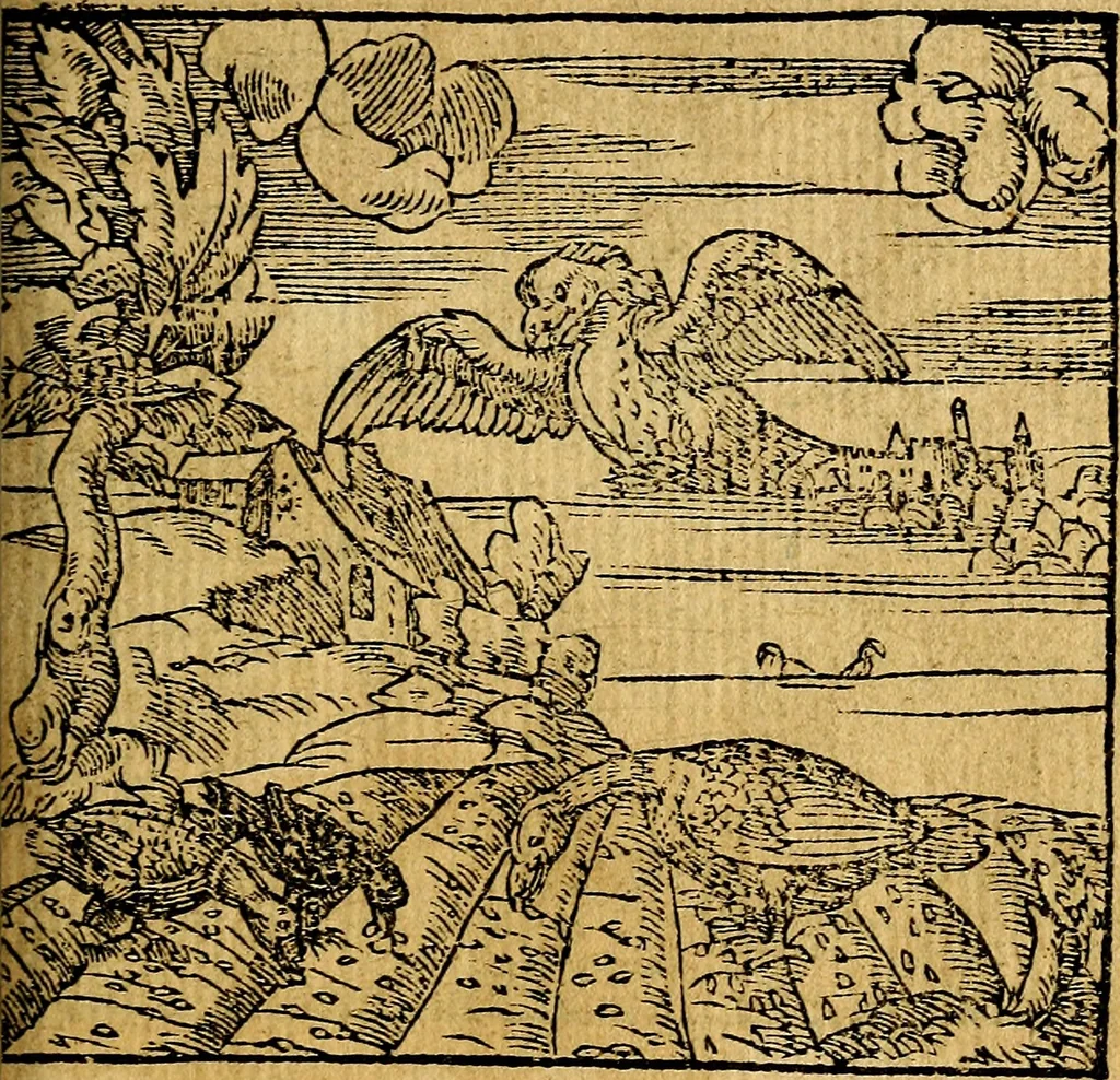 An illustration from Omnia D. And. Alciati emblemata : ad quae singula, praeter concinnas acutásque inscriptiones, lepidas & expressas imagines, ac caetera omnia, quae prioribus nostris editionibus cúm ad eorum distinctionem, tum ad ornatum & correctionem adhibita continebantur, : nunc primùm perelegantia persubtiliáq[ue] adiecta sunt epimuthia, quibus emblematum amplitudo quaecunq[ue] in iis dubia sunt aut obscura, tanquam perspicuis illustrantur, 1566, leaf 168