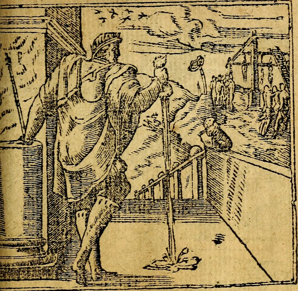 An illustration from Omnia D. And. Alciati emblemata : ad quae singula, praeter concinnas acutásque inscriptiones, lepidas & expressas imagines, ac caetera omnia, quae prioribus nostris editionibus cúm ad eorum distinctionem, tum ad ornatum & correctionem adhibita continebantur, : nunc primùm perelegantia persubtiliáq[ue] adiecta sunt epimuthia, quibus emblematum amplitudo quaecunq[ue] in iis dubia sunt aut obscura, tanquam perspicuis illustrantur, 1566, leaf 176