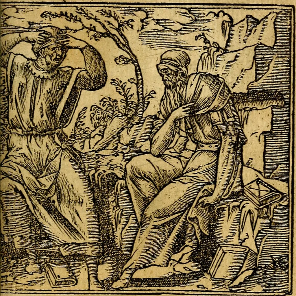 An illustration from Omnia D. And. Alciati emblemata : ad quae singula, praeter concinnas acutásque inscriptiones, lepidas & expressas imagines, ac caetera omnia, quae prioribus nostris editionibus cúm ad eorum distinctionem, tum ad ornatum & correctionem adhibita continebantur, : nunc primùm perelegantia persubtiliáq[ue] adiecta sunt epimuthia, quibus emblematum amplitudo quaecunq[ue] in iis dubia sunt aut obscura, tanquam perspicuis illustrantur, 1566, leaf 182