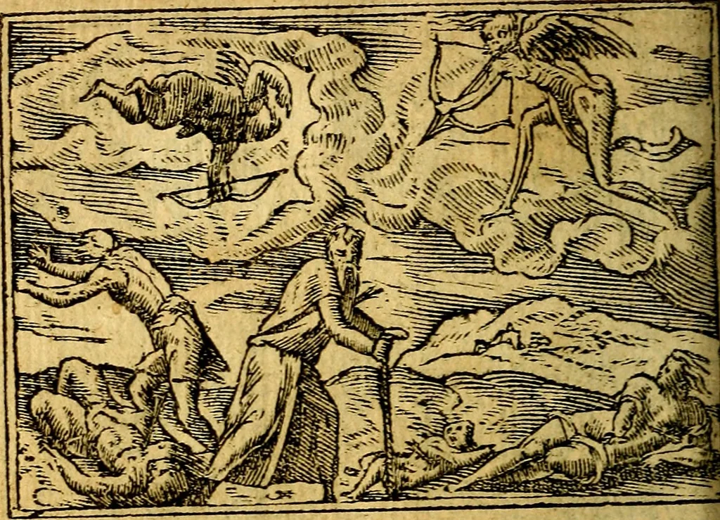 An illustration from Omnia D. And. Alciati emblemata : ad quae singula, praeter concinnas acutásque inscriptiones, lepidas & expressas imagines, ac caetera omnia, quae prioribus nostris editionibus cúm ad eorum distinctionem, tum ad ornatum & correctionem adhibita continebantur, : nunc primùm perelegantia persubtiliáq[ue] adiecta sunt epimuthia, quibus emblematum amplitudo quaecunq[ue] in iis dubia sunt aut obscura, tanquam perspicuis illustrantur, 1566, leaf 185