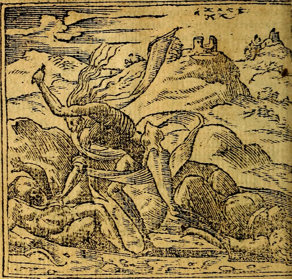 An illustration from Omnia D. And. Alciati emblemata : ad quae singula, praeter concinnas acutásque inscriptiones, lepidas & expressas imagines, ac caetera omnia, quae prioribus nostris editionibus cúm ad eorum distinctionem, tum ad ornatum & correctionem adhibita continebantur, : nunc primùm perelegantia persubtiliáq[ue] adiecta sunt epimuthia, quibus emblematum amplitudo quaecunq[ue] in iis dubia sunt aut obscura, tanquam perspicuis illustrantur, 1566, leaf 187